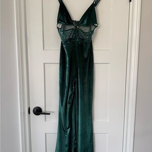 Emerald Green Velvet Jumpsuit with Sheer Embellished Bodice